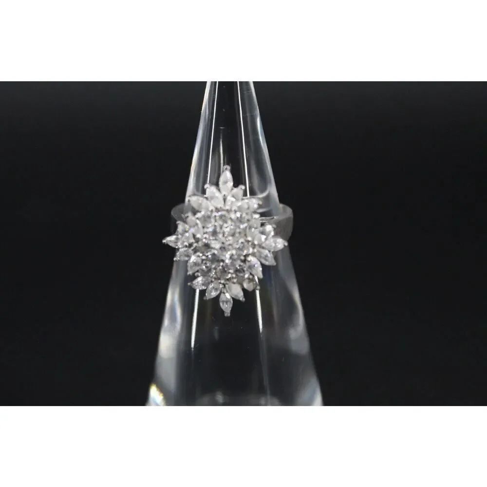 925 Sterling Silver FAS Cluster Ring Clear CZ Floral Snowflake Cocktail Sz 8.75